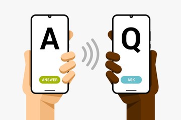 Smartphone mockup in human hand. Question and answer. Online help and support communication. EPS10 Vector