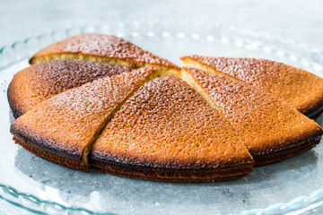 Sponge Cake Slices in Glass Tray. Ready to Serve.