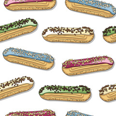 Seamless pattern with hand drawn eclairs on a white background.