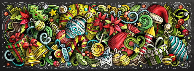 2020 doodles horizontal illustration. New Year objects and elements poster