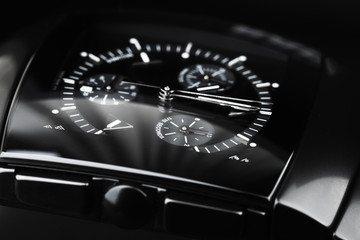 Wrist watch made of black ceramics. Close-up