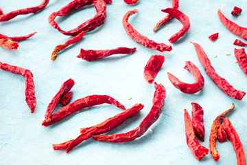 Dry red hot peppers scattered on a blue background