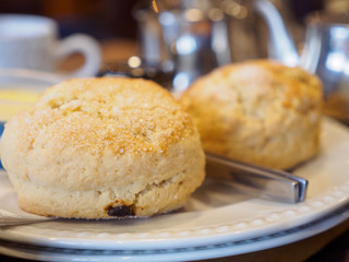 Closeup macro detail of freshly-baked scones with clotted cream and jam at a restaurant during afternoon tea. Tintagel, England. Travel and Cornish cuisine.