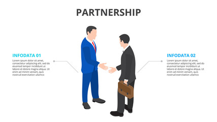 Isometric two businessmen shake hands and make a deal. Partnership concept