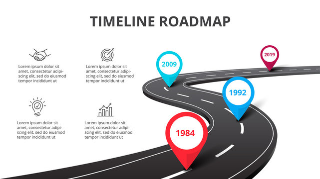 Business curved road map timeline infographic with pointers. Creative concept with 4 options, parts, steps or processes