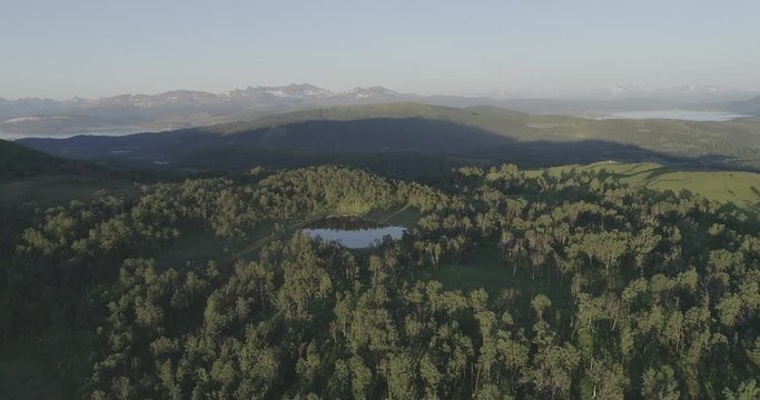 An Aerial view of forest, a lake, the sae and mountains with a snowy tip in Lapland in the Lofoten Islands in Norway.