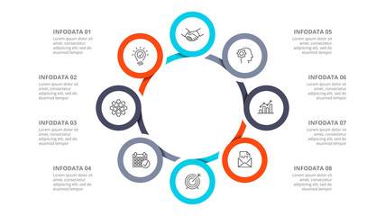 Cyclic diagram infographic with circles. Modern infographic design template with 8 options, steps or parts. Flat vector illustration for business presentation.