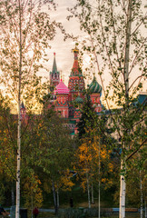 Fototapeta na wymiar Autumn Gold by the eyes of St. Basil's Cathedral in Moscow in the early morning