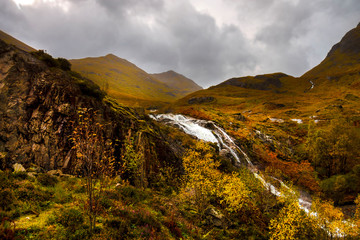 Waterfall in Scottish Highlands. Glencoe, Lochaber, Scotland, UK