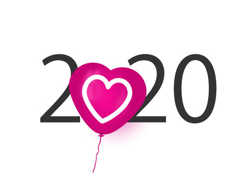 Happy new year 2020. 2020 with Heart balloon. Love theme