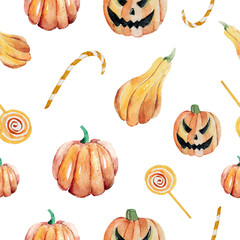 Hand-drawn pattern painted in watercolor. Cute illustrations for Halloween. Watercolor halloween collection.