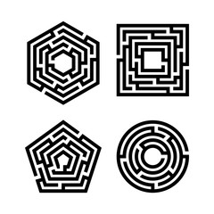 Abstract maze set. Collection of labyrinths in shapes of circle, square, pentahedron and hexahedron. Modern design of mystery patterns for business, decoration. Vector illustration on white background