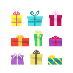 Set of colorful flat gift boxes. Presents for holiday. Modern design. Collection of cute icon boxes with ribbons. Christmas and New Year elements for decoration. Vector illustration isolated on white.