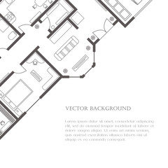 House plan background for card, banner, presentation template, real estate, social advertising, notebook cover, poster or postcard. Building with furniture. Vector illustration.