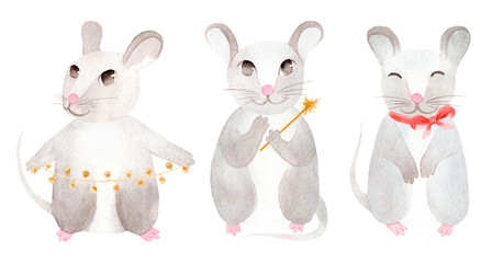 Cute watercolor christmas rats. Rat symbol of the new year 2020.