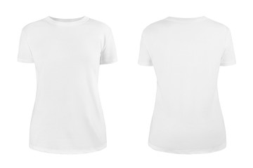 Women's white blank T-shirt template,from two sides, natural shape on invisible mannequin, for your design mockup for print, isolated on white background..