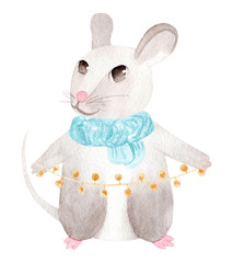 Obraz na płótnie Canvas Cute watercolor christmas rats. Rat symbol of the new year 2020.