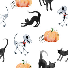 Hand-drawn pattern painted in watercolor. Cute illustrations for Halloween. Watercolor halloween collection.