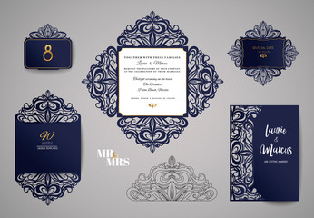 Wedding invitation or greeting card with gold floral ornament. Wedding invitation envelope for laser cutting. Vector illustration.