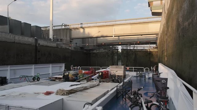 MELK, AUSTRIA- AUGUST 16, 2019: Melk Locks on the Danube River at sunset. The sluice doors close slowly