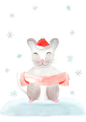 Cute watercolor christmas rats. Rat symbol of the new year 2020.