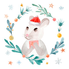 Watercolor christmas rat in frame. Rat symbol of the new year 2020.