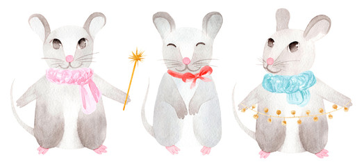 Cute watercolor christmas rats. Rat symbol of the new year 2020. Isolated on white background set.