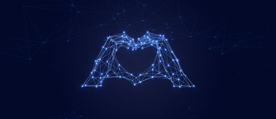 Abstract heart hand shape particle background. Mess network.Futuristic plexus array big data,3d rendering.