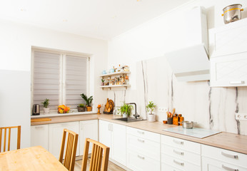 Fototapeta na wymiar Modern scandinavian kitchen with white open shelves