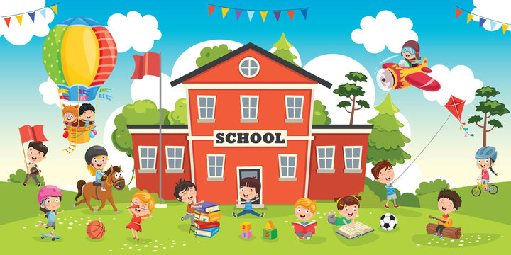 Funny Students and School Building Stock Vector | Adobe Stock