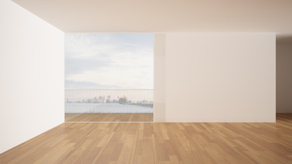 Empty room interior design, open space with white walls and parquet wooden floor, modern contemporary architecture, panoramic window, morning light, mock-up with copy space