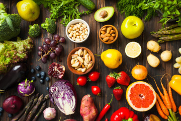 Fruits and vegetables in ranbow colours top view
