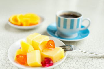 Milk pudding and fruit candy for dessert. Coffee and orange slices for breakfast.