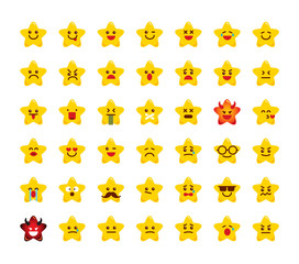Collection of stars emoticons. Set of icon emojis. Emotions of stars. Emoji art. Flat image design. Feeling on the face. Isolated vector illustration on white background.