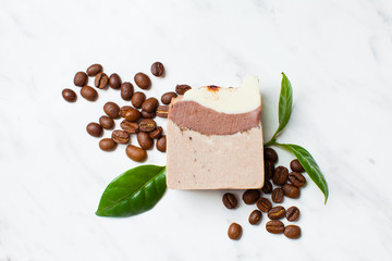 Homemade soap top view. Natural soap with coffee