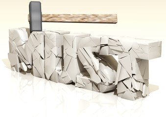 3D rendering. The hammer smashes The white stone inscription "must" on a white background.