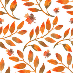 Obraz premium Seamless autumn leaves background, berries on white isolated background. Watercolor illustration