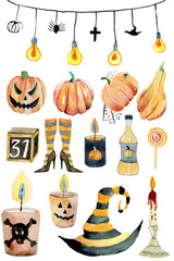 Set of hand-drawn elements painted in watercolor. Cute illustrations for Halloween. Watercolor halloween collection. Artistic autumn constructor clip art. 