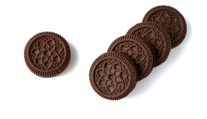 Chocolate flavored cookies isolated on a white background.