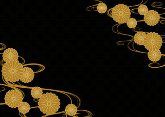 和柄背景　流水紋と菊と市松模様　黒と金
