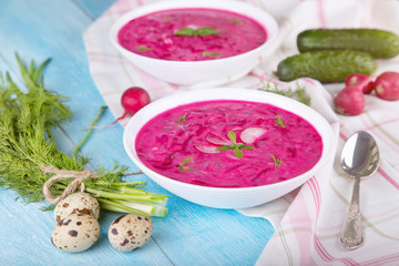 Vegetable cold soup with beetroots and natural yoghurt. Cold borscht - helpful for hot days. Ingredients cold soup: quail eggs, green onion, cucumber, dill, radishes, basil and natural yoghurt.