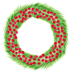 Watercolor colorful Christmas wreath with spruce branches and holly berries. Hand drawn door decoration isolated on white background. Round frame template for greeting cards, holiday design.