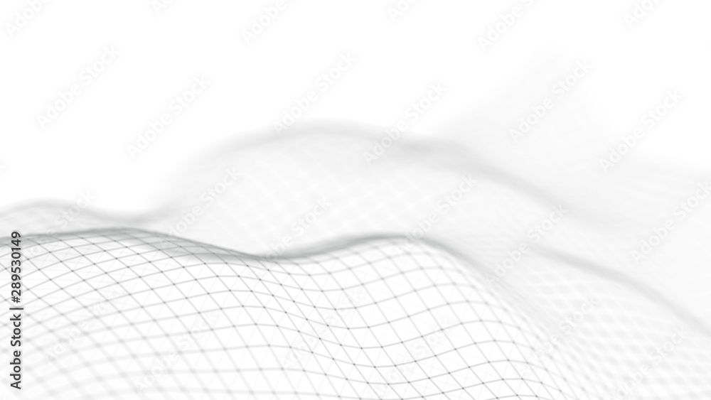Poster Wave of particles on white background. Network connection dots and lines. Digital background. 3d rendering.