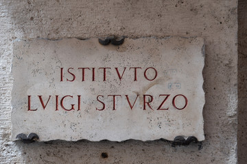 Street sign on marble plate:  Istituto Luigi Sturzo, Rome, Italy