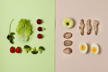 Top view vegetable and meat arrangement