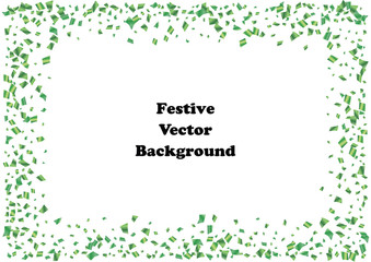 Festive green rectangle confetti background. Abstract frame confetti texture for holiday, postcard, poster, website, carnival, birthday, children's parties. Cover confetti mock-up. Wedding card layout