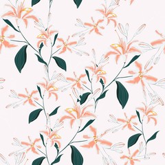 Trendy Floral pattern with orange lilies flowers. Spring, summer seamless pattern, Printing with beautiful flowers.