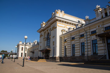 railway station in Rybinsk. View of the station square and the beautiful architecture of the station building.