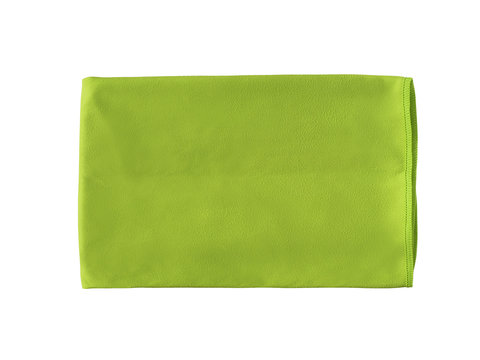 Top View Of Green Microfiber Towel For Fitness, Yoga, Gym, Etc. Sport Accessory Isolated On White Background