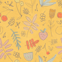 Flowers and berries, seamless background. Naive inflorescences, leaves, berries. Decorative flowers. Wrapping paper, textiles, retro background, color design.